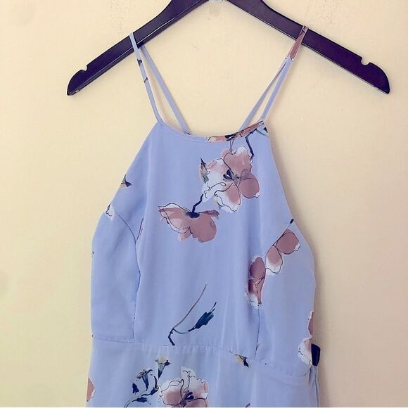 Lulu's Floral High Neck Periwinkle Lace Up Back Flowy Skater Mini Dress Large - Picture 7 of 10